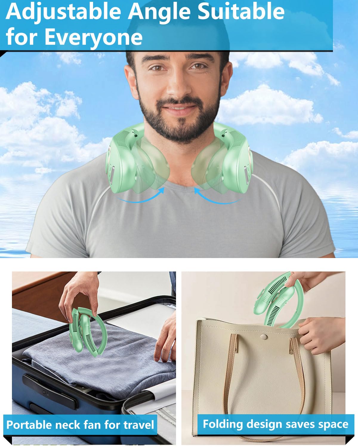 FWV Neck Fan with Cooling Plate, Quiet 30dB, 3-24Hrs Cooling,5500mAh Battery,LED Display Necklace AC Cooler, USB Bladeless Portable Personal Wearable Fans that Blow Cold Air for Men Women Kids Black