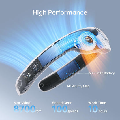 JISULIFE Neck Fan Pro Series - Upgraded 100-Speed Cooling, Personal Wearable Fan with Neck Brace, Digital Display, 5000mAh Battery, Max 15H Runtime, Portable & Travel-Ready, Gifts for Women Men(Grey)