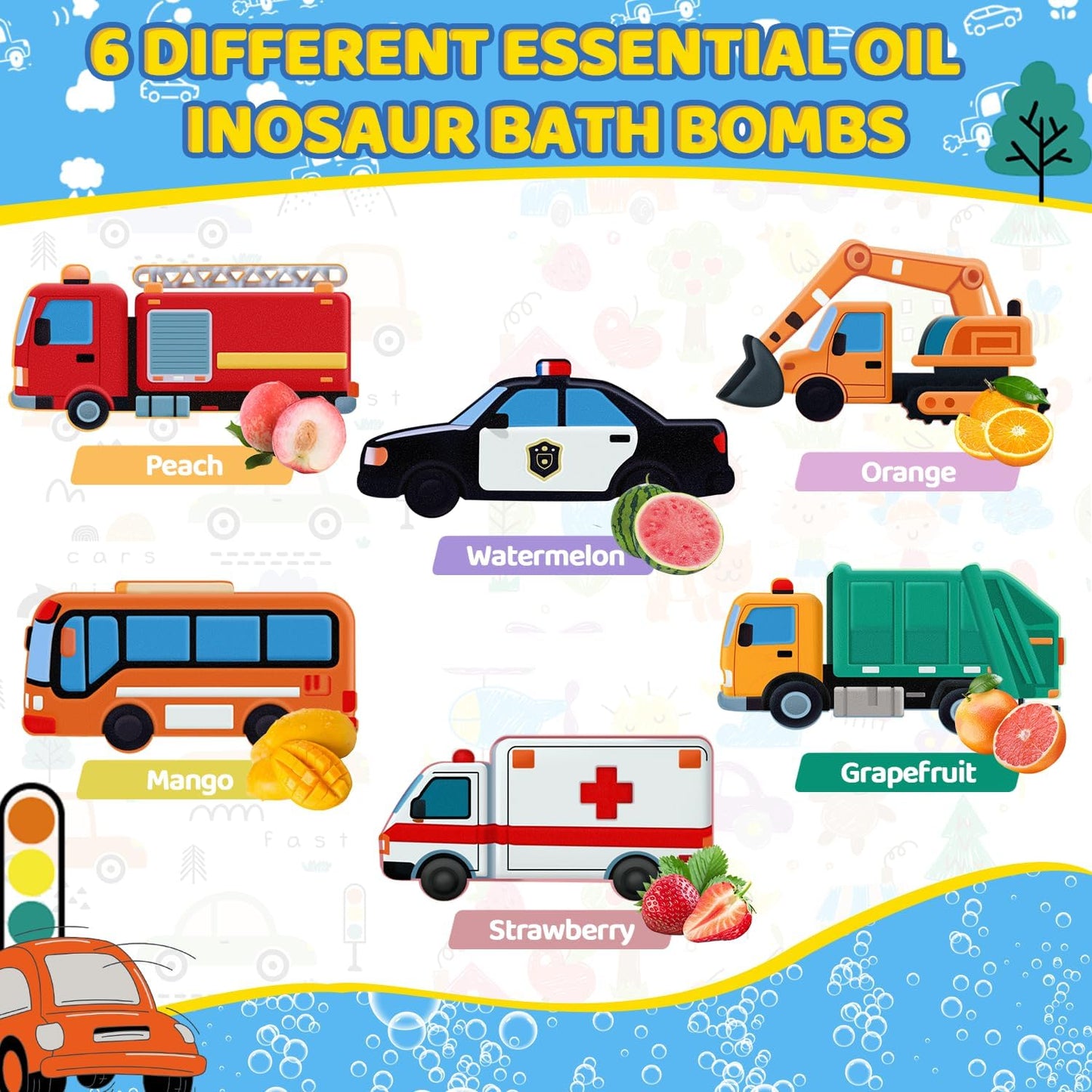 Bath Bombs for Kids, STEM Gifts for Boys Girls Ages 3-12, Handcrafted Car 6 Pack Natural Organic Bubble Bath Bomb Toys, Shaped Like Excavators, Police Car, School Buses, Fire Trucks