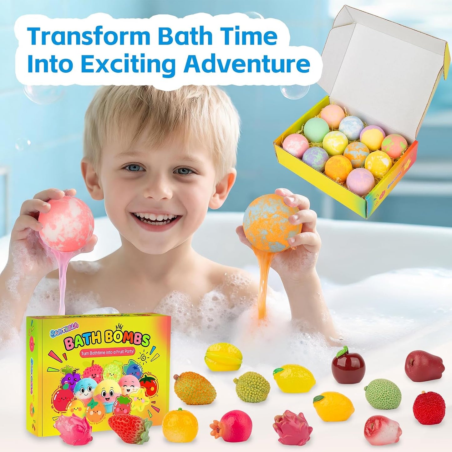 Bath Bombs for Kids with Toys Inside, 12 Pack Kids Bath Bombs with Fruit Food Toys, Surprise Colorful Bubble Spa Fizzies Ball with Bath Toys, Christmas Birthday Gifts for Girls & Boys