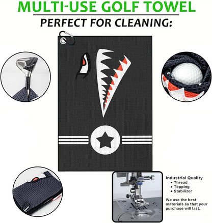 Shark Face Golf Towel, Black Microfiber Waffle Pattern Golf Club Cleaning Towel with Carabiner Clip, Cool Military Star Design Golf Towel for Golf Bags