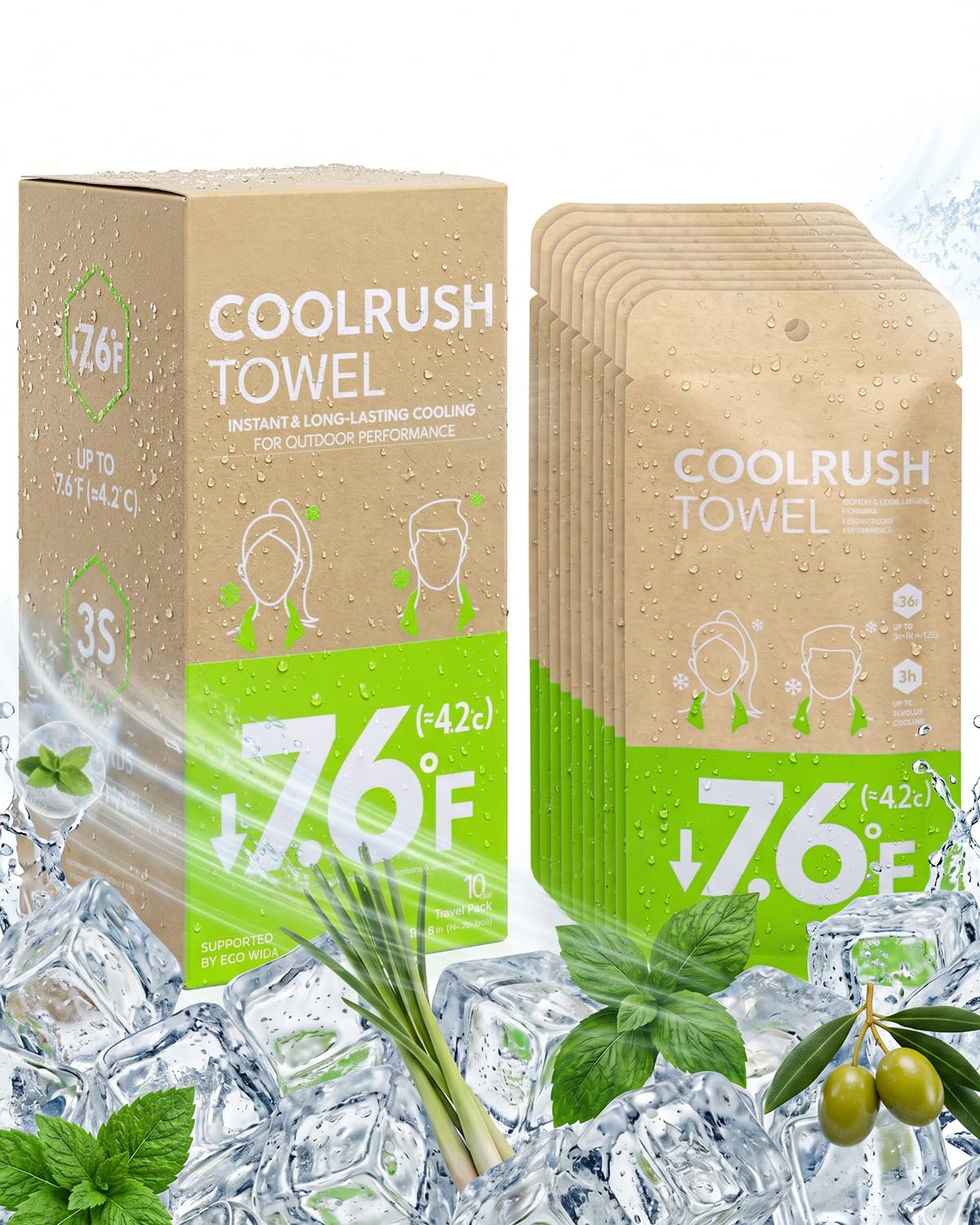 CoolRush Towel with Natural Mint Extract, Instant 3-Second Cooling Towel, Reusable Sports Cooling Wipes for Summer Heat, Alcohol-Free, for Running, Cycling, Gym, Outdoor Activities(10 Pack)