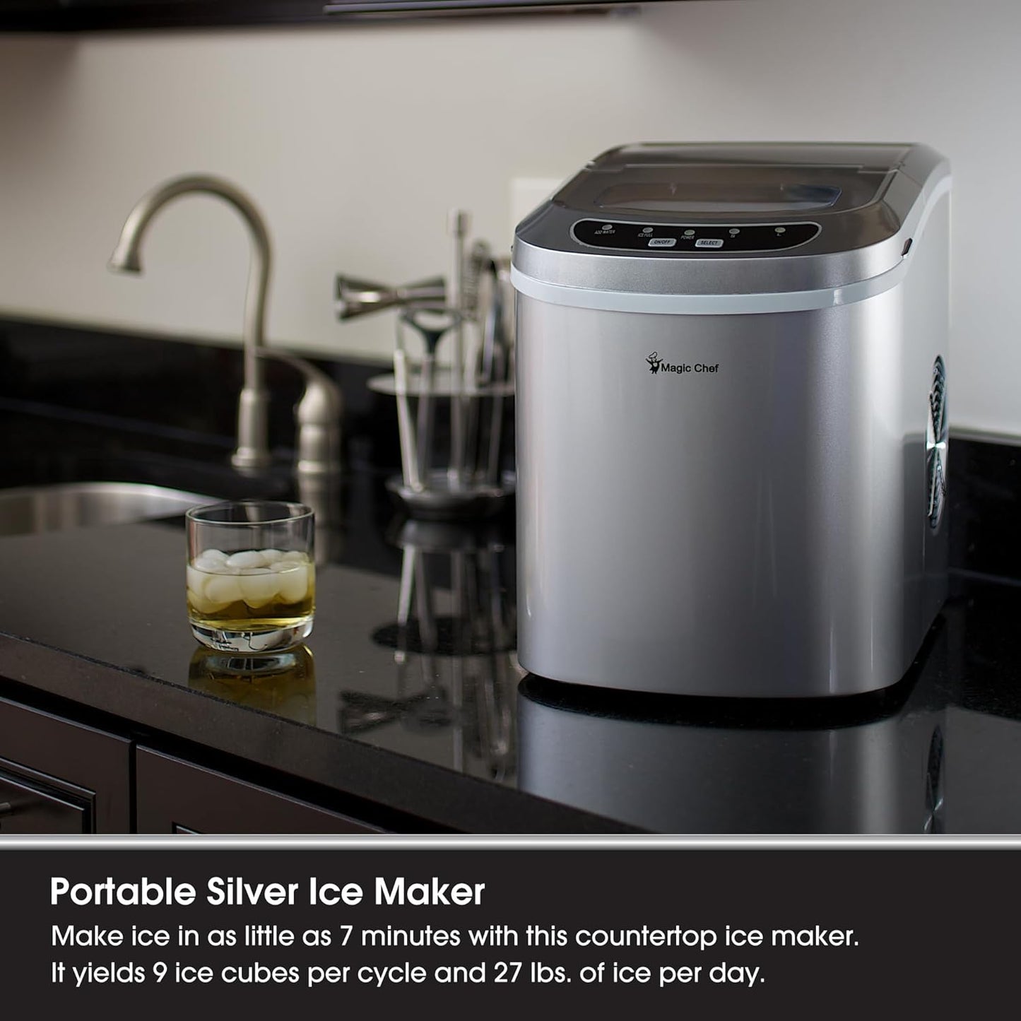 Magic Chef 27-Lb. Portable Ice Maker in Silver, Tabletop Ice Maker for Kitchen, Apartment, Dorm, and Basement with Viewing Window, 2 Ice Cube Sizes, and Ice & Water Level Indicator Lights