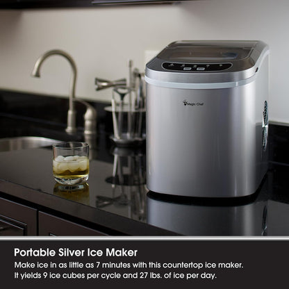 Magic Chef 27-Lb. Portable Ice Maker in Silver, Tabletop Ice Maker for Kitchen, Apartment, Dorm, and Basement with Viewing Window, 2 Ice Cube Sizes, and Ice & Water Level Indicator Lights