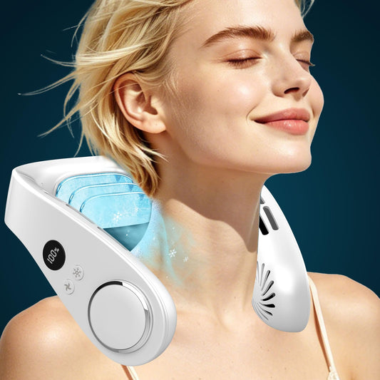 FWV Neck Fan with Cooling Plate, Quiet 30dB, 3-24Hrs Cooling,5500mAh Battery,LED Display Necklace AC Cooler, USB Bladeless Portable Personal Wearable Fans that Blow Cold Air for Men Women Kids Black