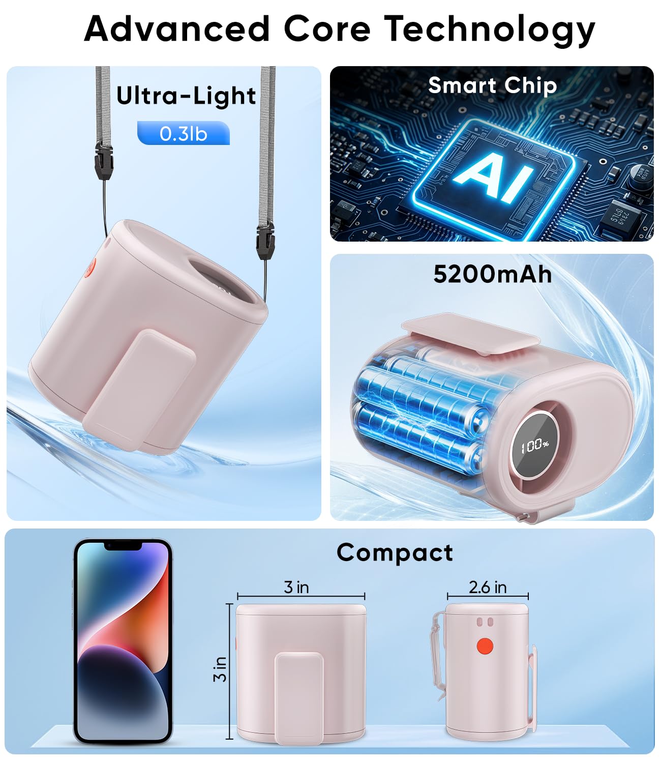 AI Portable Waist Fan, 6-Speed 15,000RPM Strong Turbo Airflow, 30H Cooling Battery Powered Personal Fan Rechargeable, Wearable Hands-Free Shirt/Belt/Body Fan for Travel, Work, Outdoor, Gift for Men