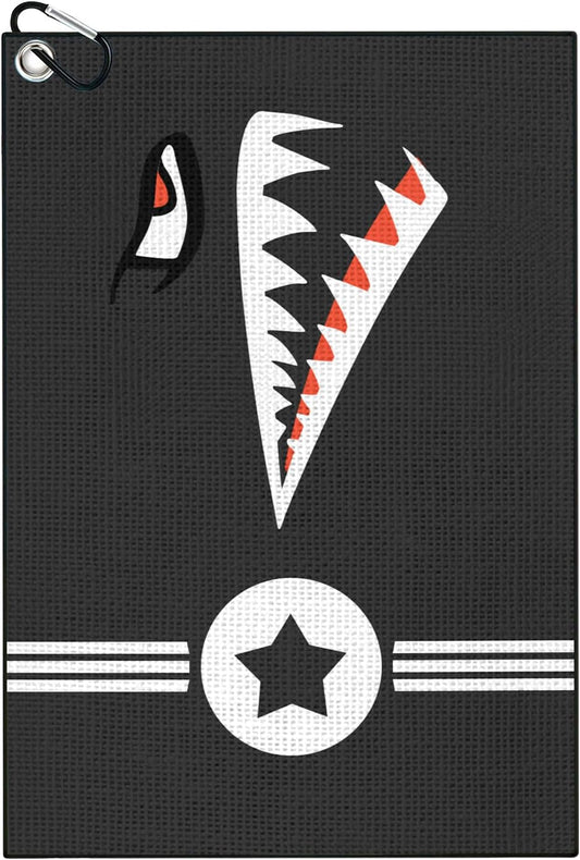 Shark Face Golf Towel, Black Microfiber Waffle Pattern Golf Club Cleaning Towel with Carabiner Clip, Cool Military Star Design Golf Towel for Golf Bags