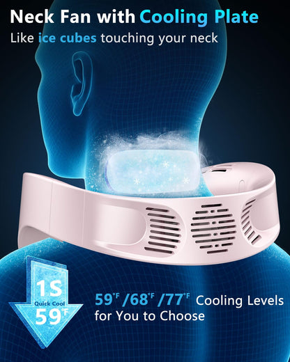 FWV Neck Fan with Cooling Plate, Quiet 30dB, 3-24Hrs Cooling,5500mAh Battery,LED Display Necklace AC Cooler, USB Bladeless Portable Personal Wearable Fans that Blow Cold Air for Men Women Kids Black