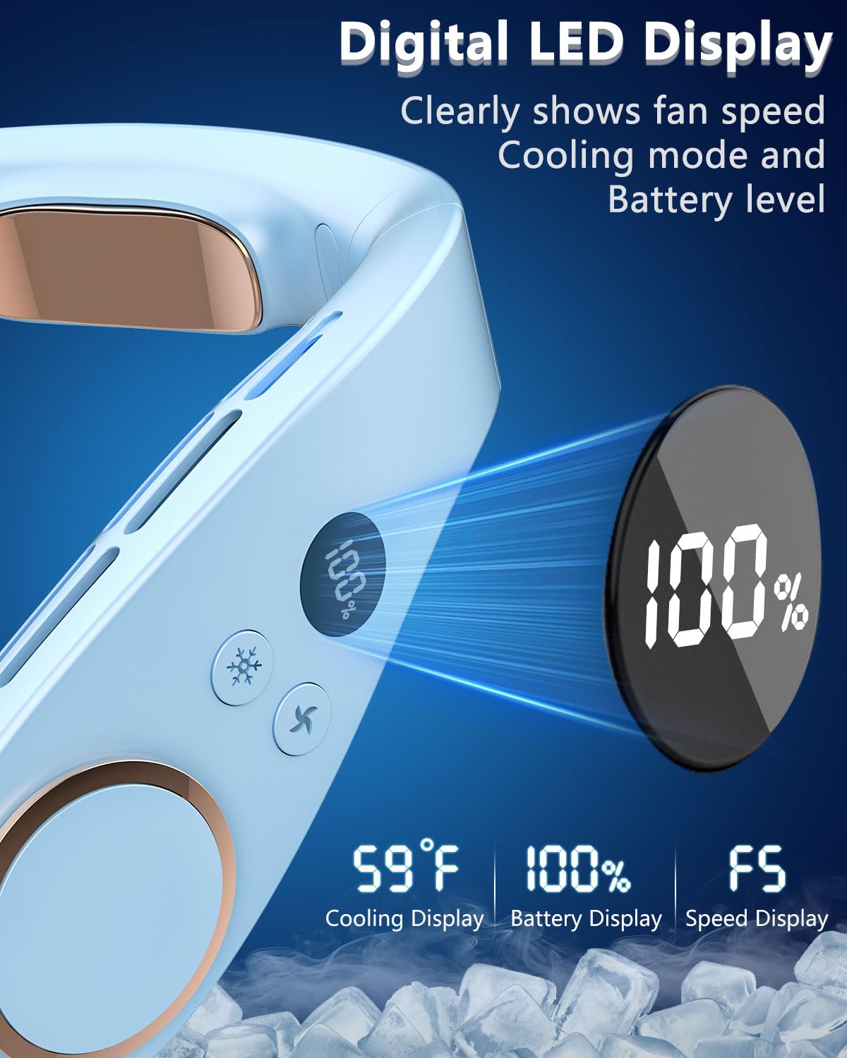 FWV Neck Fan with Cooling Plate, Quiet 30dB, 3-24Hrs Cooling,5500mAh Battery,LED Display Necklace AC Cooler, USB Bladeless Portable Personal Wearable Fans that Blow Cold Air for Men Women Kids Black