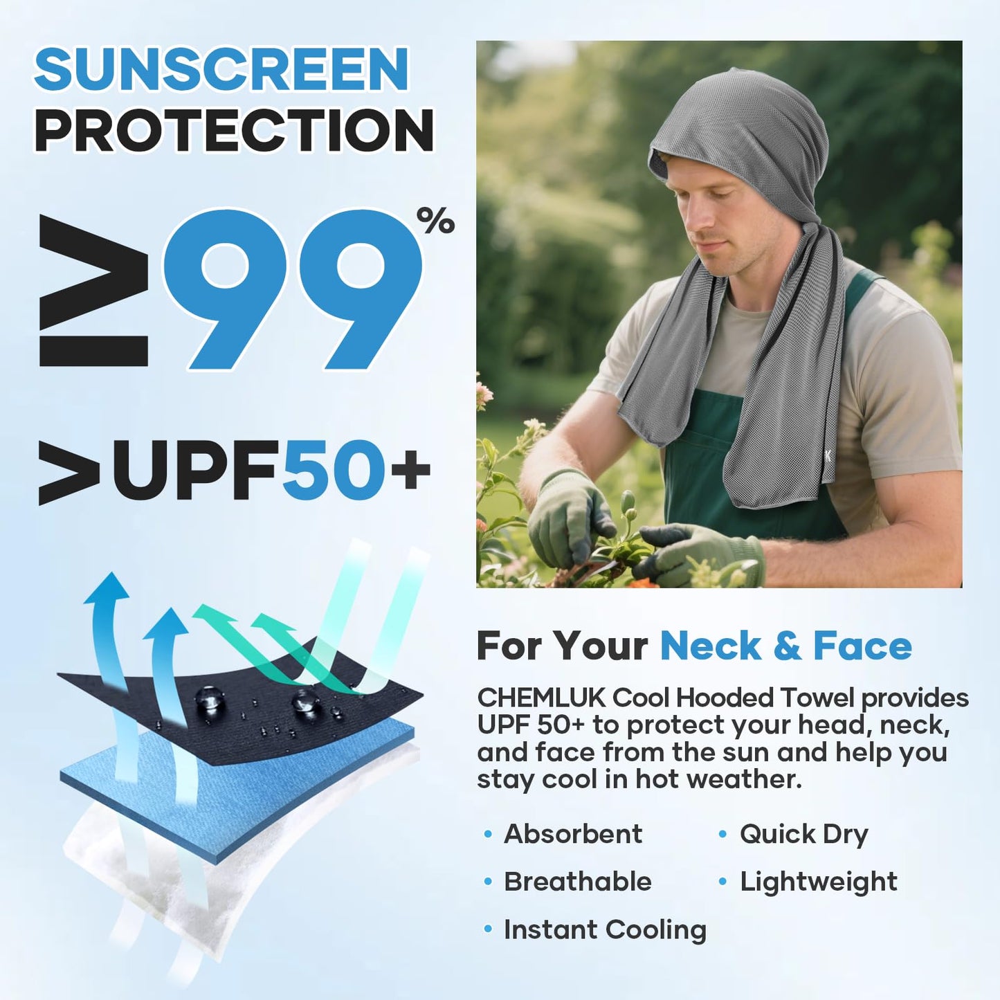 Cooling Rags for Neck: UPF50 Cooling Hoodie Towel with Case 2 Packs | Quick Dry, Chemical-free, Breathable, Soft, Portable, Cooling Towels for Face Hot Weather Workout Baseball Softball Sport