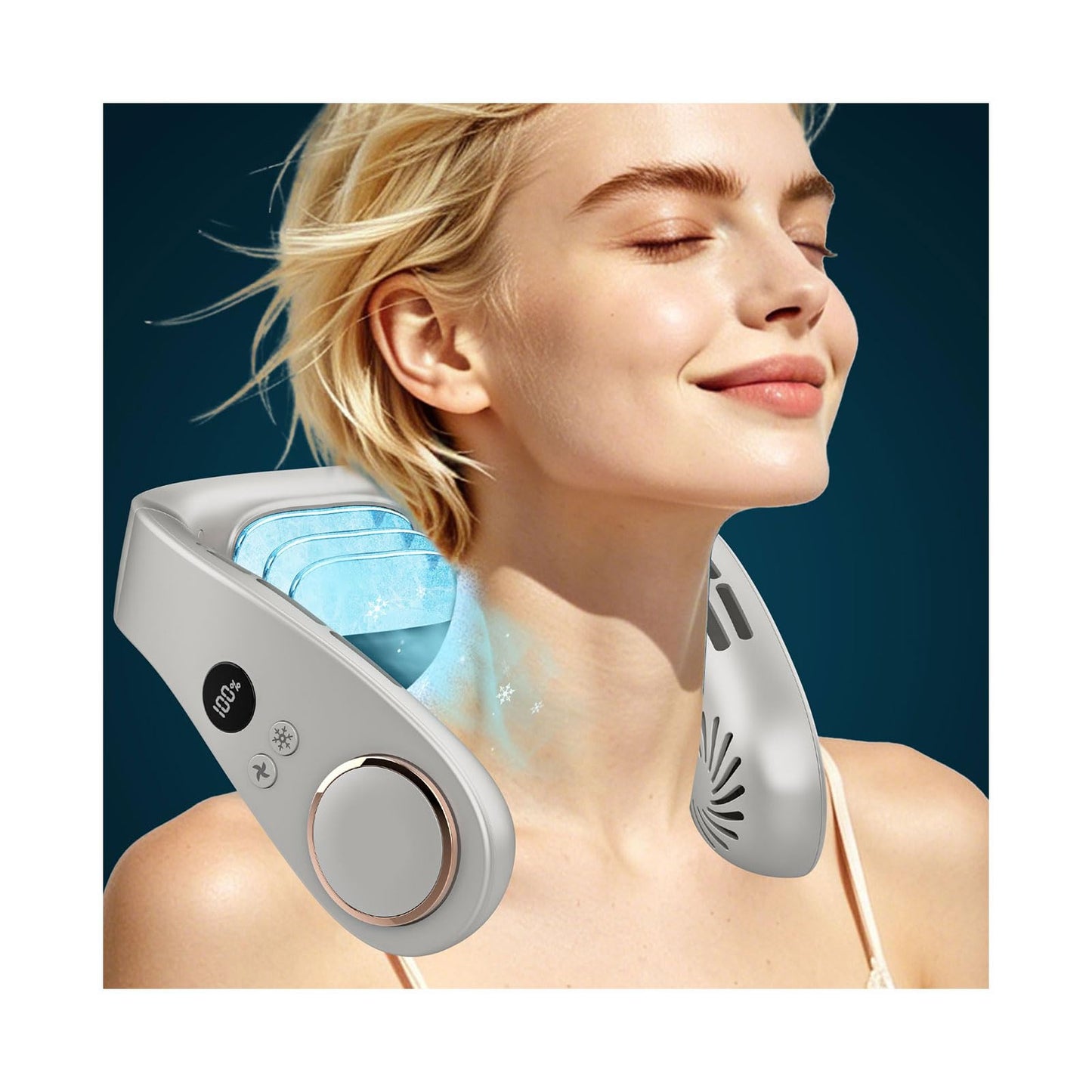 FWV Neck Fan with Cooling Plate, Quiet 30dB, 3-24Hrs Cooling,5500mAh Battery,LED Display Necklace AC Cooler, USB Bladeless Portable Personal Wearable Fans that Blow Cold Air for Men Women Kids Black