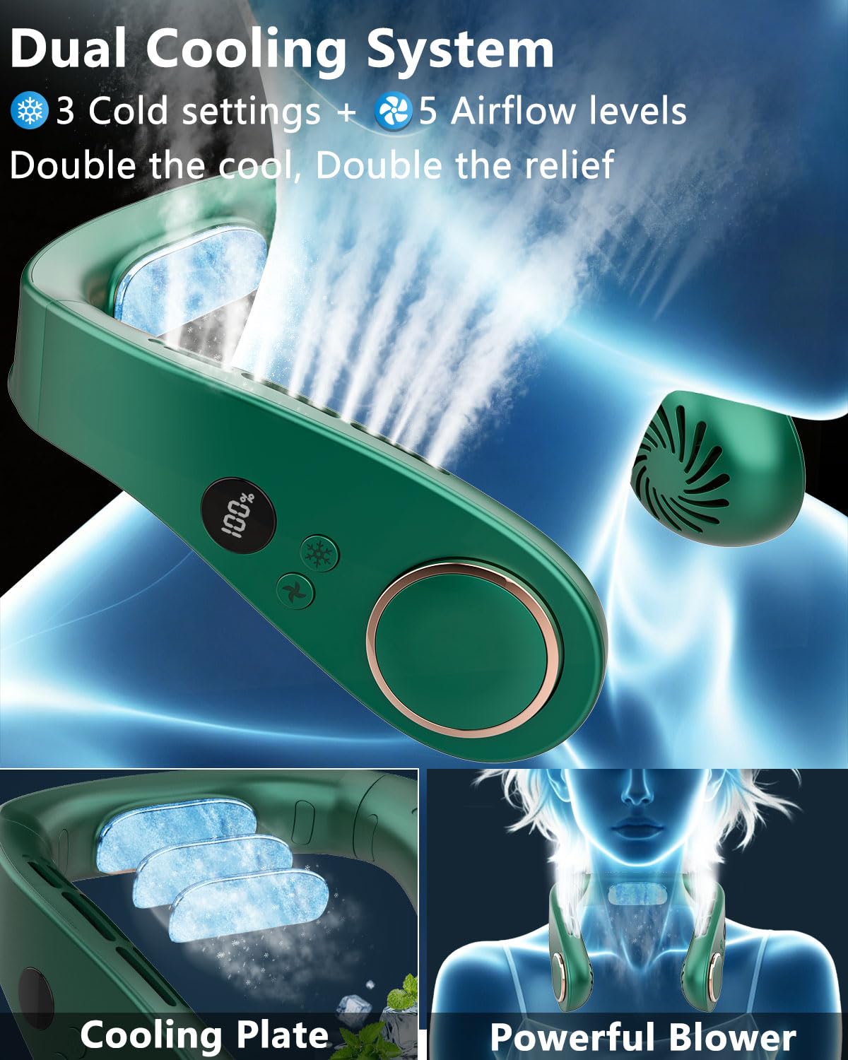 Neck Fan with Cooling Plate,5500mAh Rechargeable, Ultra Quiet Operation, 5 Speeds & 3 Cooling Modes, USB-C Fast Charging, LED Display Battery & Gear, Bladeless Fans that Blow Cold Air for Travel Blue