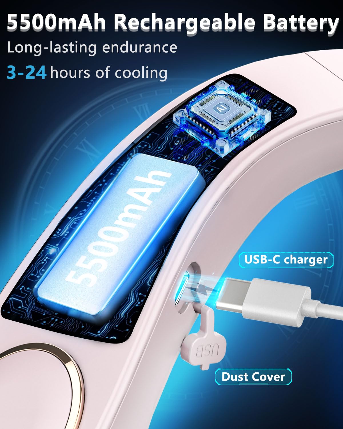 FWV Neck Fan with Cooling Plate, Quiet 30dB, 3-24Hrs Cooling,5500mAh Battery,LED Display Necklace AC Cooler, USB Bladeless Portable Personal Wearable Fans that Blow Cold Air for Men Women Kids Black