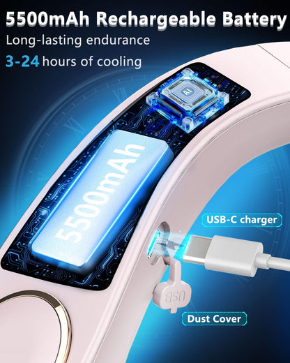 FWV Neck Fan with Cooling Plate, Quiet 30dB, 3-24Hrs Cooling,5500mAh Battery,LED Display Necklace AC Cooler, USB Bladeless Portable Personal Wearable Fans that Blow Cold Air for Men Women Kids Black