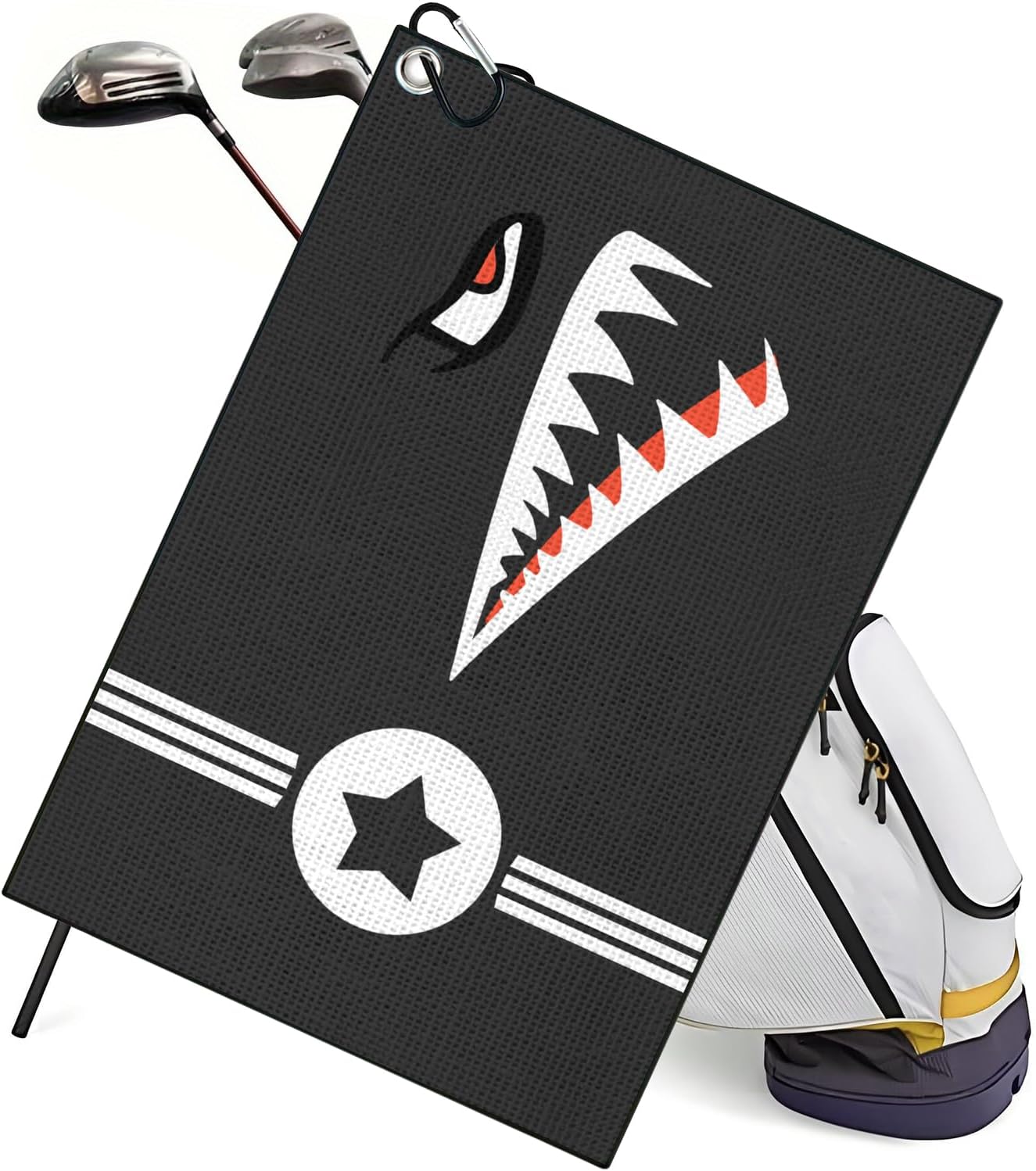 Shark Face Golf Towel, Black Microfiber Waffle Pattern Golf Club Cleaning Towel with Carabiner Clip, Cool Military Star Design Golf Towel for Golf Bags