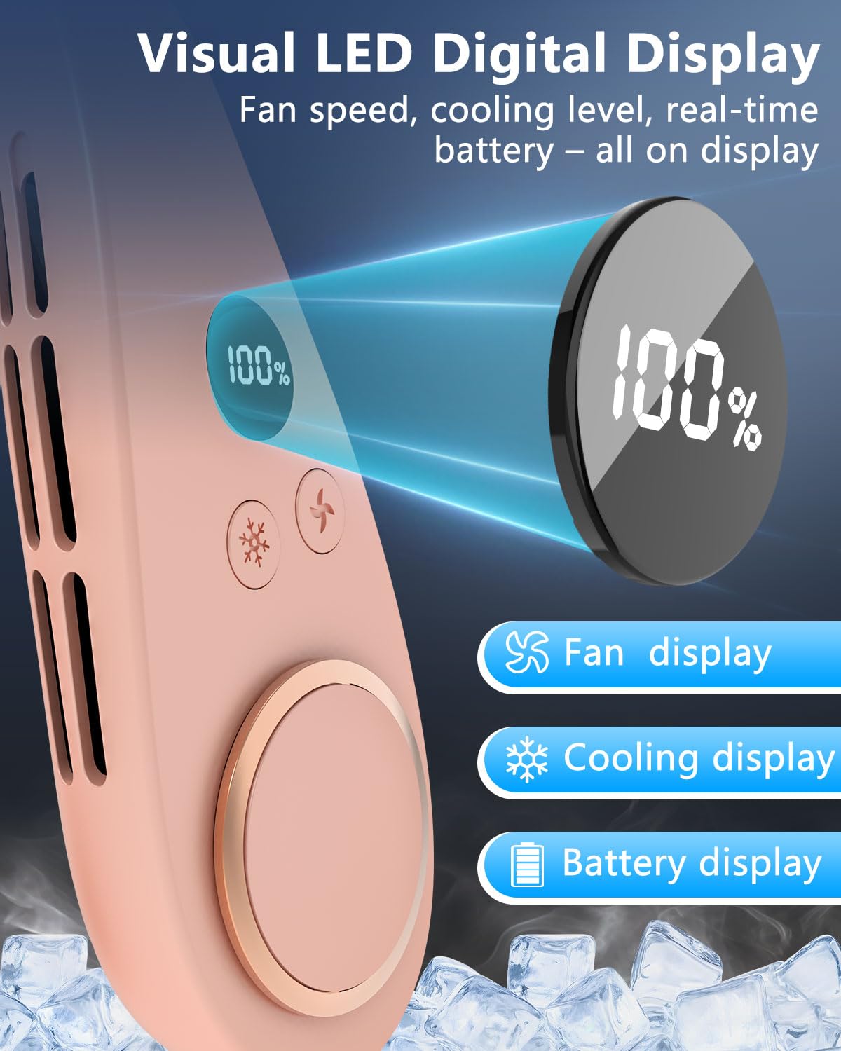 Neck Fan with Cooling Plate,5500mAh Rechargeable, Ultra Quiet Operation, 5 Speeds & 3 Cooling Modes, USB-C Fast Charging, LED Display Battery & Gear, Bladeless Fans that Blow Cold Air for Travel Blue