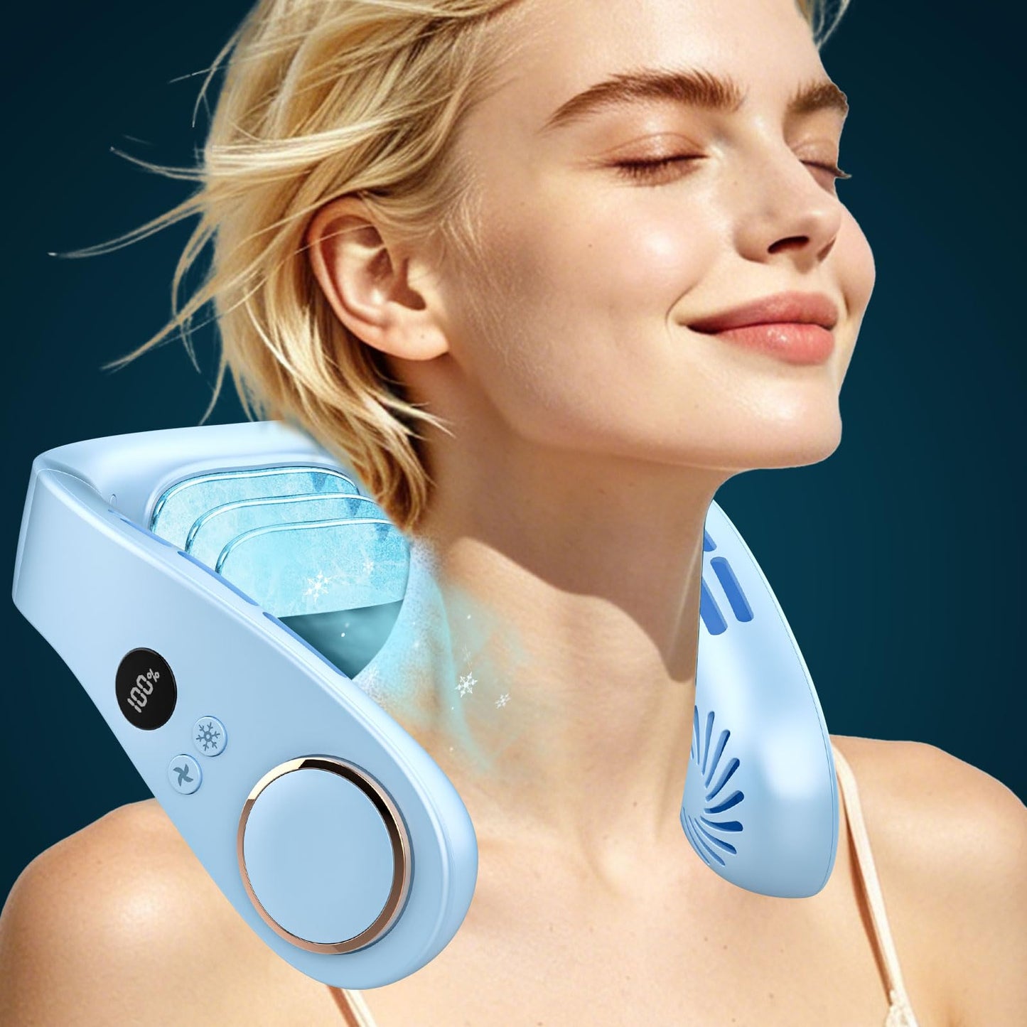 FWV Neck Fan with Cooling Plate, Quiet 30dB, 3-24Hrs Cooling,5500mAh Battery,LED Display Necklace AC Cooler, USB Bladeless Portable Personal Wearable Fans that Blow Cold Air for Men Women Kids Black