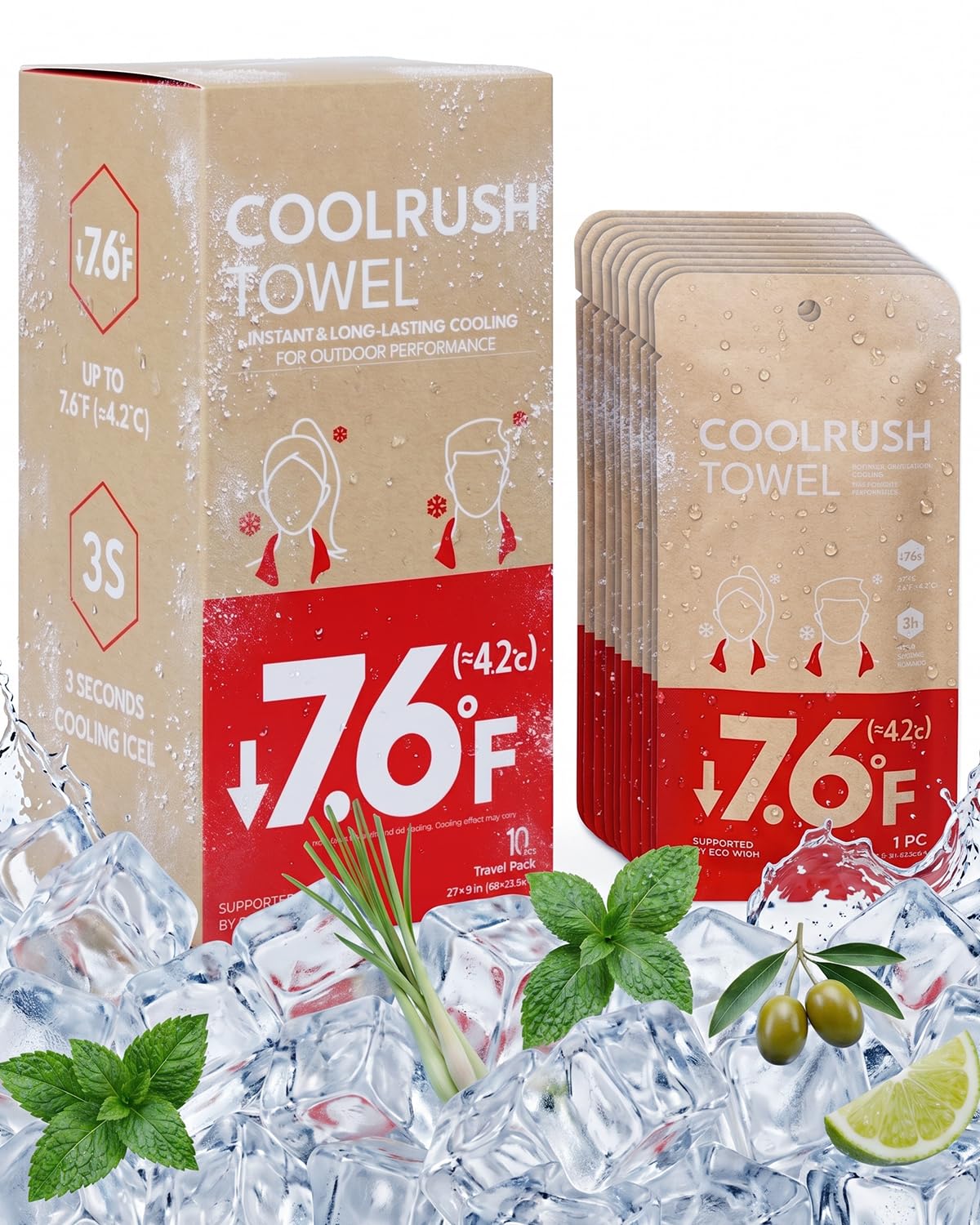 CoolRush Towel with Natural Mint Extract, Instant 3-Second Cooling Towel, Reusable Sports Cooling Wipes for Summer Heat, Alcohol-Free, for Running, Cycling, Gym, Outdoor Activities(10 Pack)