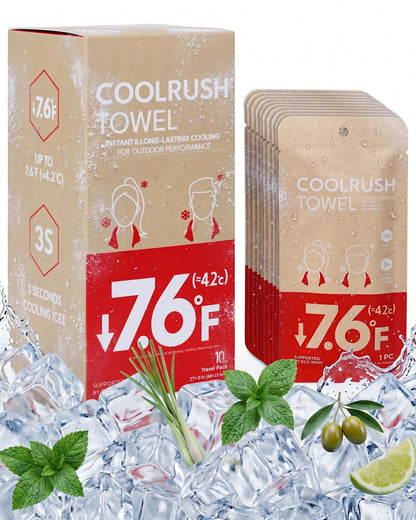 CoolRush Towel with Natural Mint Extract, Instant 3-Second Cooling Towel, Reusable Sports Cooling Wipes for Summer Heat, Alcohol-Free, for Running, Cycling, Gym, Outdoor Activities(10 Pack)