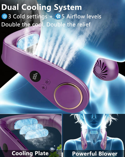 Neck Fan with Cooling Plate,5500mAh Rechargeable, Ultra Quiet Operation, 5 Speeds & 3 Cooling Modes, USB-C Fast Charging, LED Display Battery & Gear, Bladeless Fans that Blow Cold Air for Travel Blue