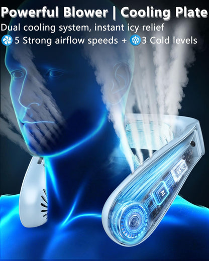 FWV Neck Fan with Cooling Plate, Quiet 30dB, 3-24Hrs Cooling,5500mAh Battery,LED Display Necklace AC Cooler, USB Bladeless Portable Personal Wearable Fans that Blow Cold Air for Men Women Kids Black