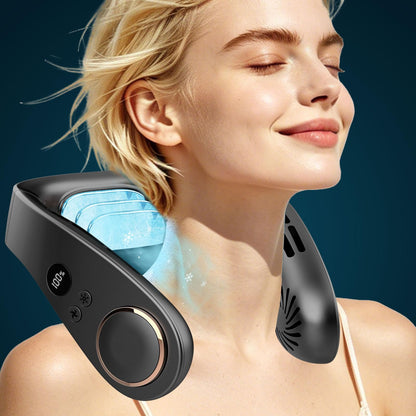 FWV Neck Fan with Cooling Plate, Quiet 30dB, 3-24Hrs Cooling,5500mAh Battery,LED Display Necklace AC Cooler, USB Bladeless Portable Personal Wearable Fans that Blow Cold Air for Men Women Kids Black
