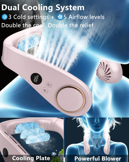 Neck Fan with Cooling Plate,5500mAh Rechargeable, Ultra Quiet Operation, 5 Speeds & 3 Cooling Modes, USB-C Fast Charging, LED Display Battery & Gear, Bladeless Fans that Blow Cold Air for Travel Blue