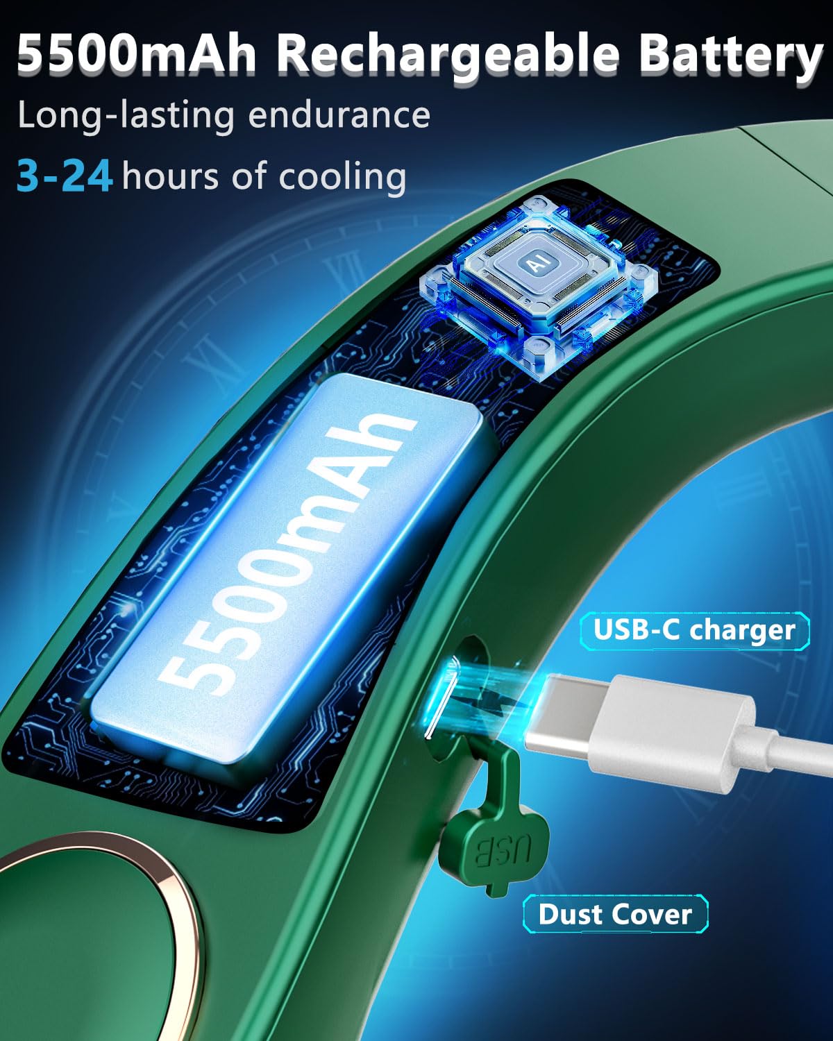 FWV Neck Fan with Cooling Plate, Quiet 30dB, 3-24Hrs Cooling,5500mAh Battery,LED Display Necklace AC Cooler, USB Bladeless Portable Personal Wearable Fans that Blow Cold Air for Men Women Kids Black