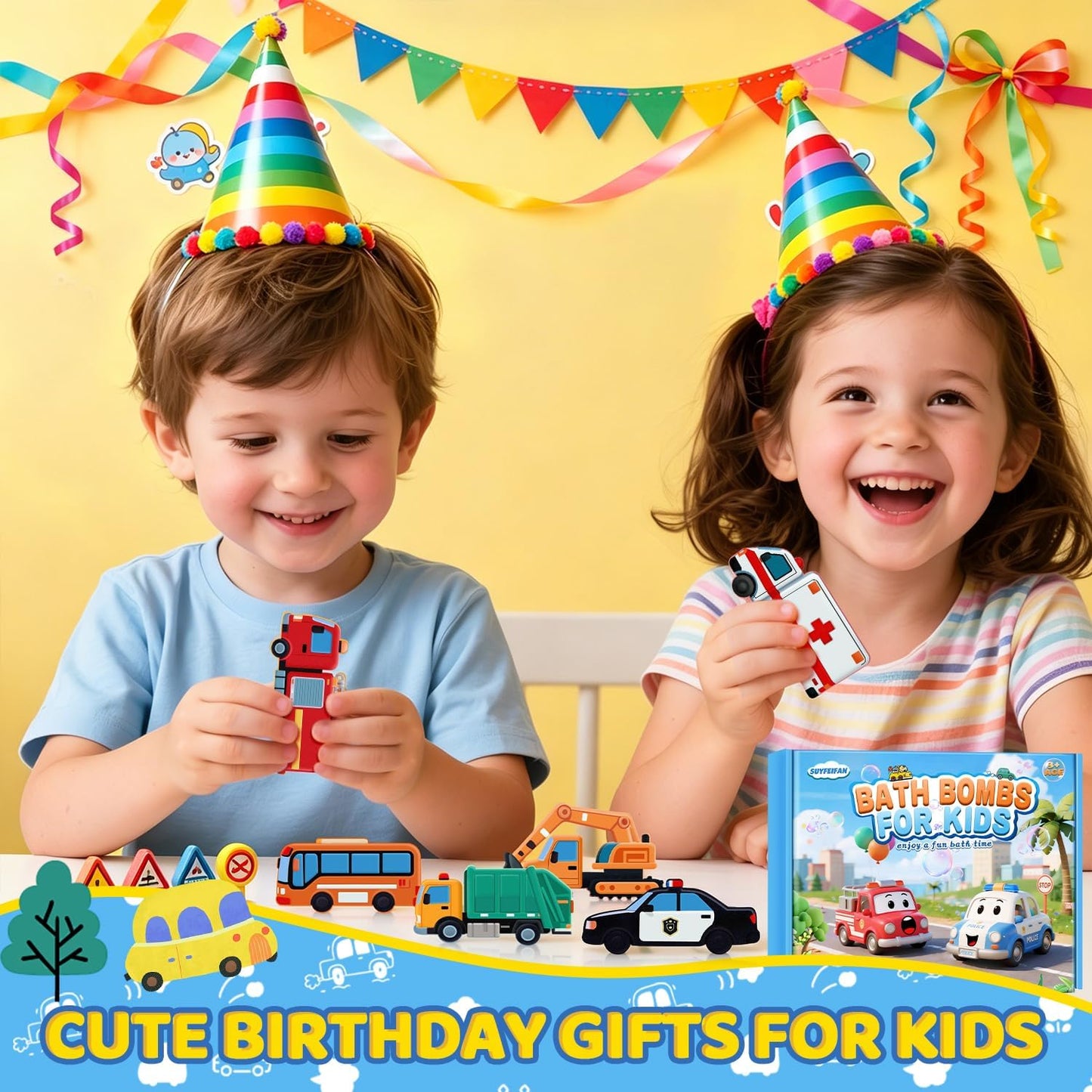Bath Bombs for Kids, STEM Gifts for Boys Girls Ages 3-12, Handcrafted Car 6 Pack Natural Organic Bubble Bath Bomb Toys, Shaped Like Excavators, Police Car, School Buses, Fire Trucks