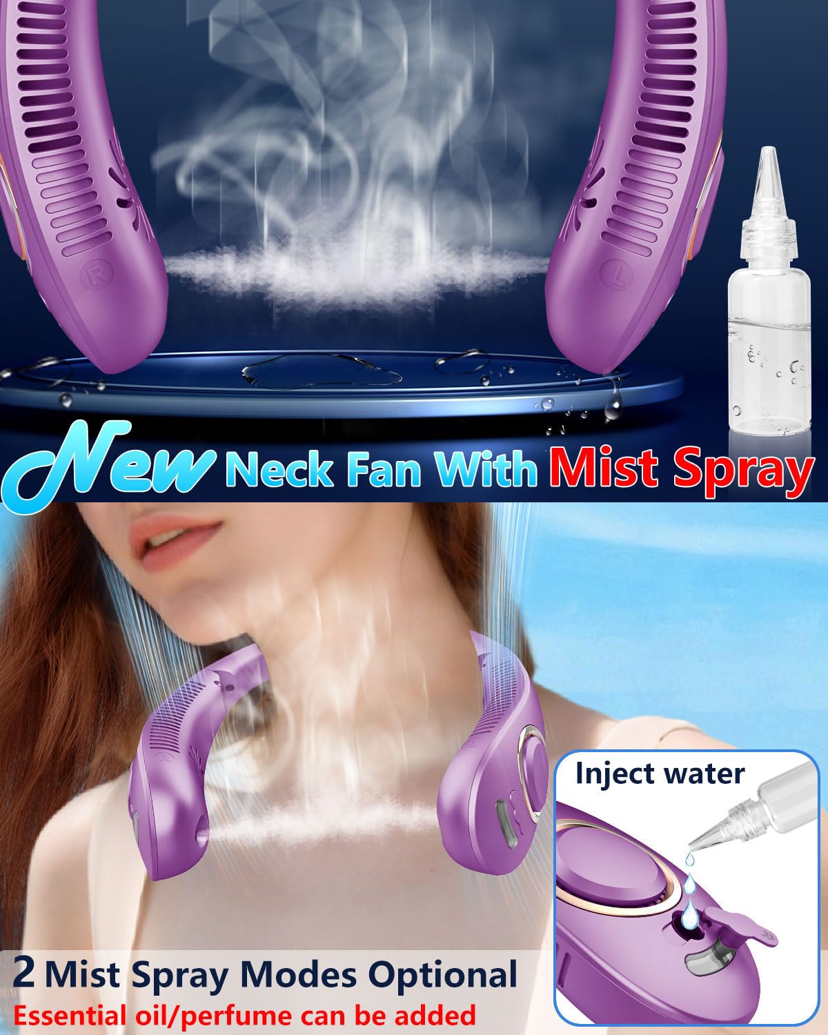 FWV Neck Fan with Cooling Plate, Quiet 30dB, 3-24Hrs Cooling,5500mAh Battery,LED Display Necklace AC Cooler, USB Bladeless Portable Personal Wearable Fans that Blow Cold Air for Men Women Kids Black