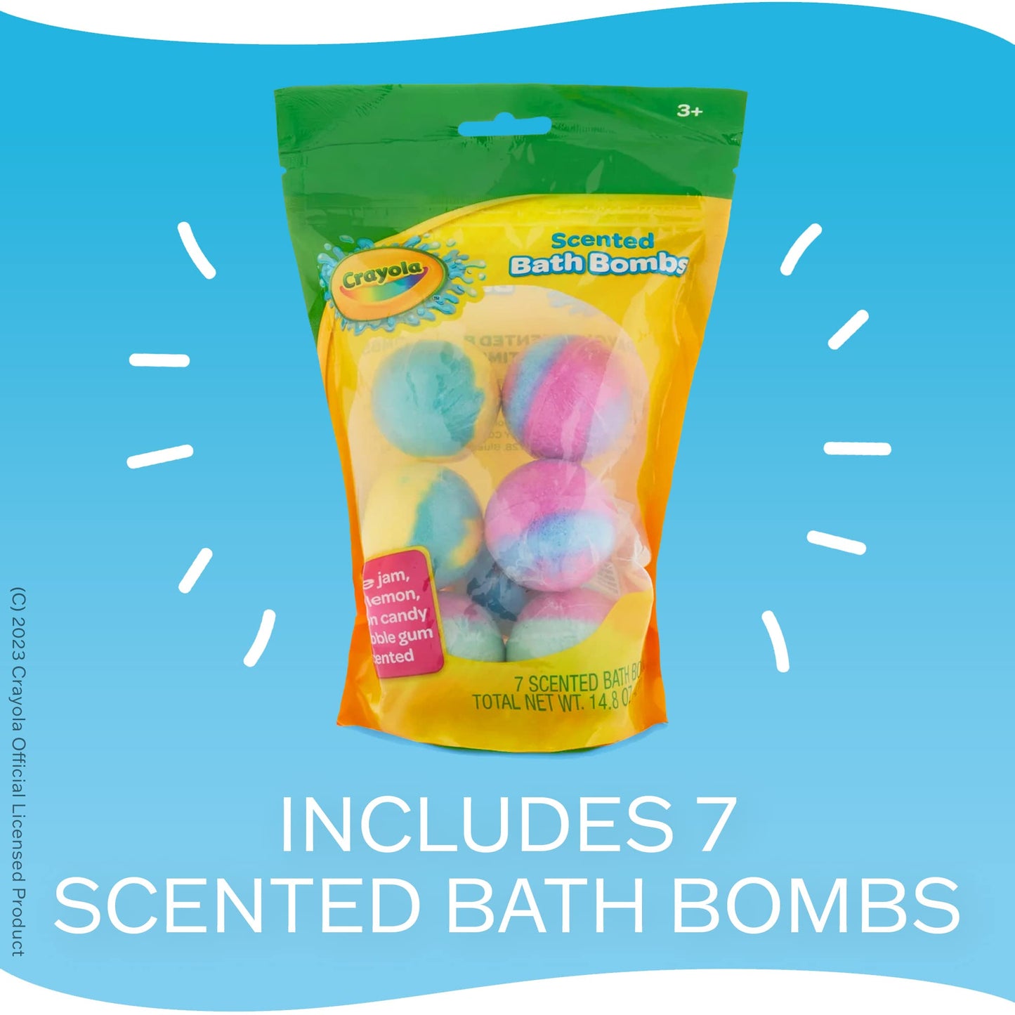 Crayola Scented Bath Bombs for Kids (7 Count), Non-Toxic, Stain Free, Multi-Colored Fizzy Bath Bombs with Grape, Lemon, Cotton Candy & Bubblegum Scents
