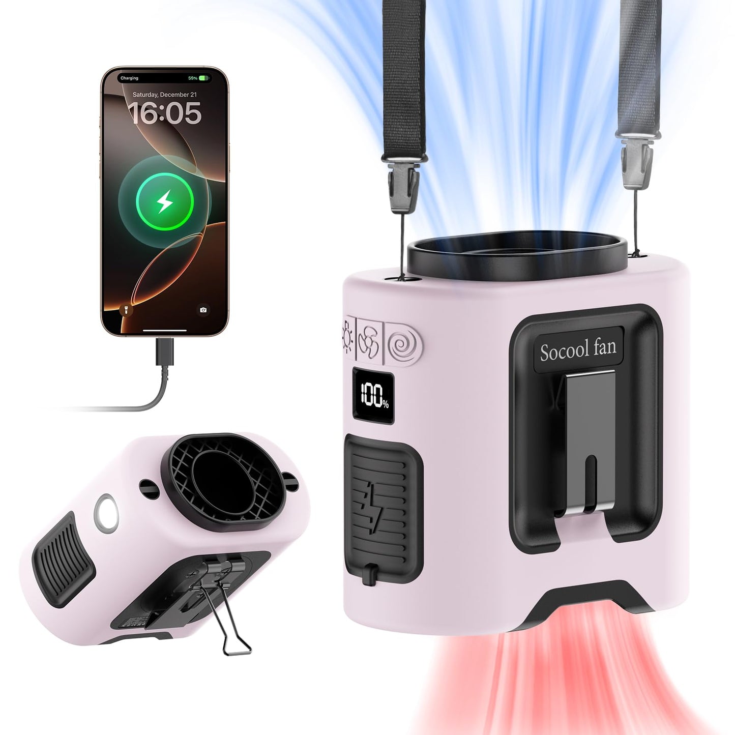 Socool 10000mAh Portable Waist Fan Clip on Wearable Belt Personal Fan Rechargeable Battery operated With 5 Speeds & Flashlight Neck Hands-Free 40H Cooling For Outdoor Camping Travel (Black)