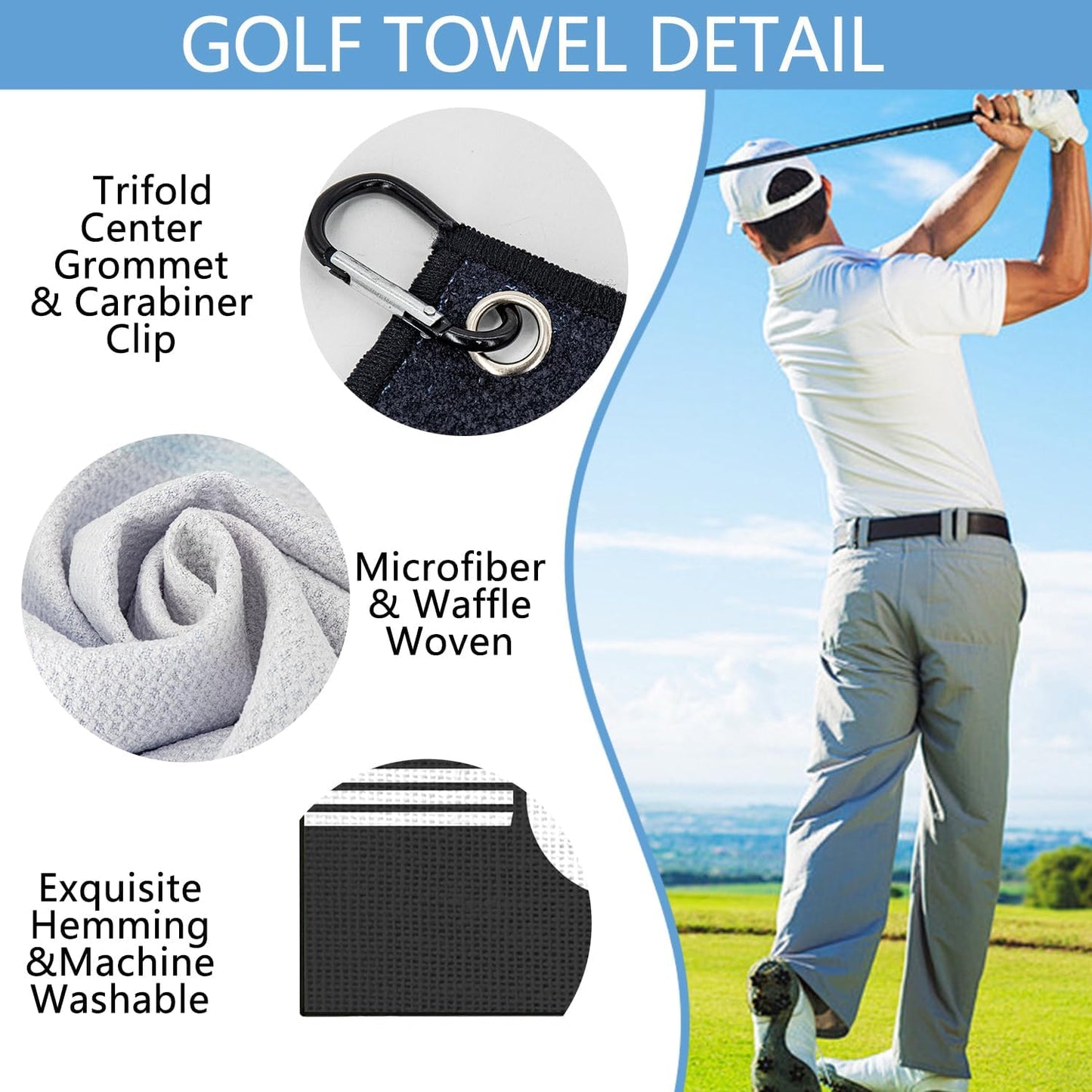 Shark Face Golf Towel, Black Microfiber Waffle Pattern Golf Club Cleaning Towel with Carabiner Clip, Cool Military Star Design Golf Towel for Golf Bags