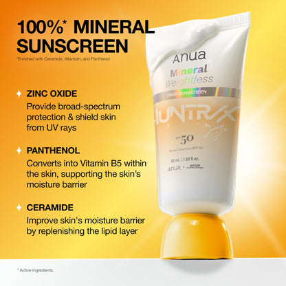 Anua Mineral Weightless Finish Sunscreen SPF 50, Broad Spectrum, Zinc-Based for Sensitive Skin, Lightweight Hydrating Lotion Texture, Under Makeup, Korean Skincare, 1.69 fl oz