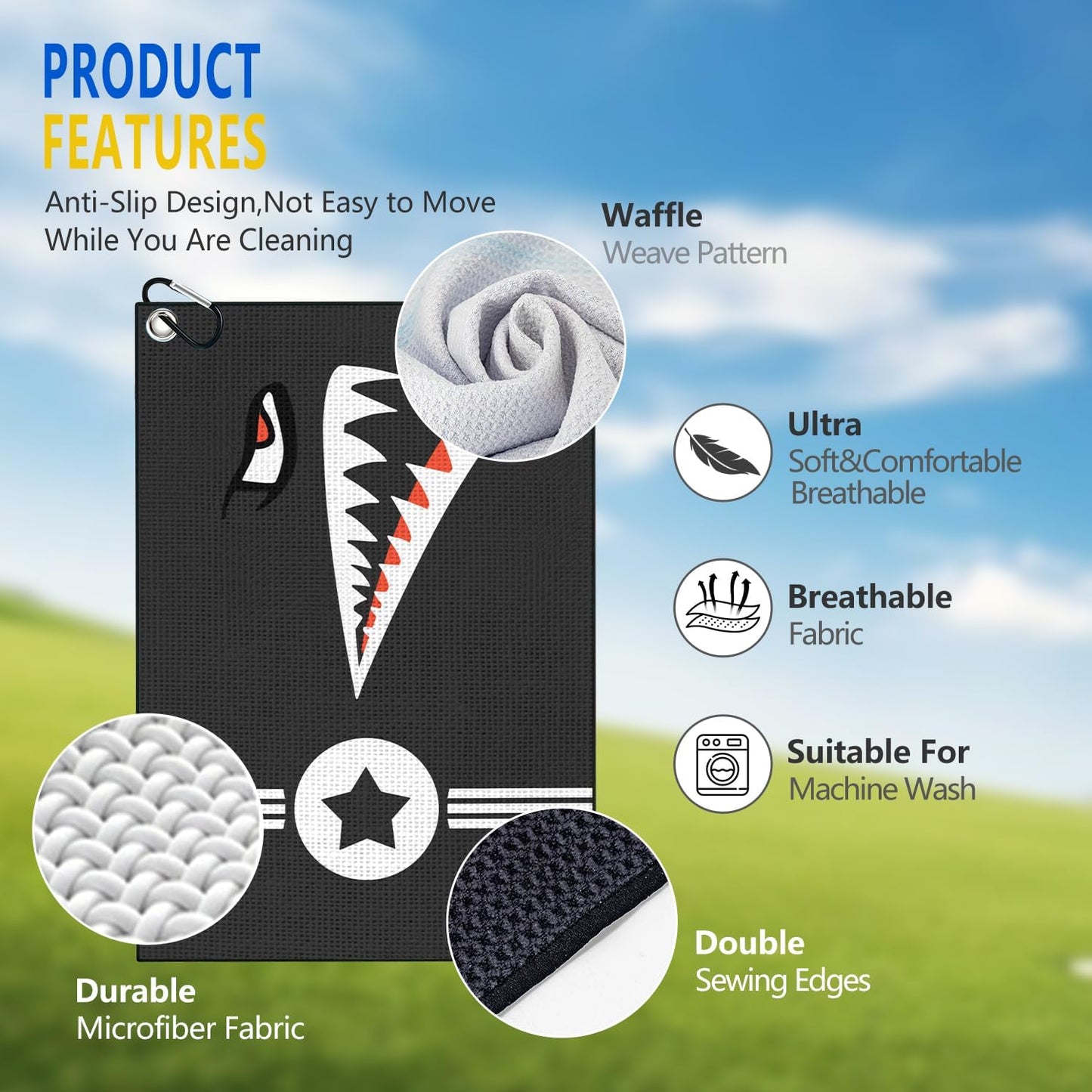 Shark Face Golf Towel, Black Microfiber Waffle Pattern Golf Club Cleaning Towel with Carabiner Clip, Cool Military Star Design Golf Towel for Golf Bags