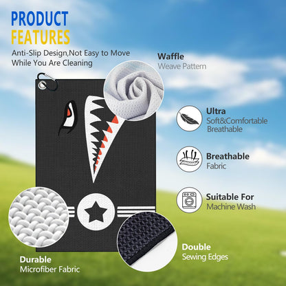 Shark Face Golf Towel, Black Microfiber Waffle Pattern Golf Club Cleaning Towel with Carabiner Clip, Cool Military Star Design Golf Towel for Golf Bags