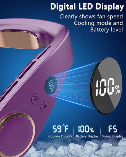 FWV Neck Fan with Cooling Plate, Quiet 30dB, 3-24Hrs Cooling,5500mAh Battery,LED Display Necklace AC Cooler, USB Bladeless Portable Personal Wearable Fans that Blow Cold Air for Men Women Kids Black