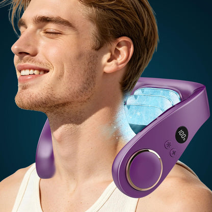 Neck Fan with Cooling Plate,5500mAh Rechargeable, Ultra Quiet Operation, 5 Speeds & 3 Cooling Modes, USB-C Fast Charging, LED Display Battery & Gear, Bladeless Fans that Blow Cold Air for Travel Blue