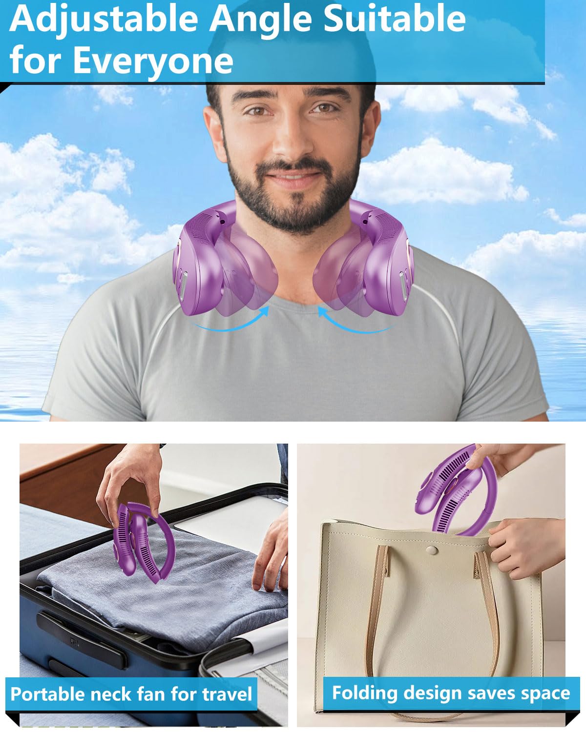 FWV Neck Fan with Cooling Plate, Quiet 30dB, 3-24Hrs Cooling,5500mAh Battery,LED Display Necklace AC Cooler, USB Bladeless Portable Personal Wearable Fans that Blow Cold Air for Men Women Kids Black