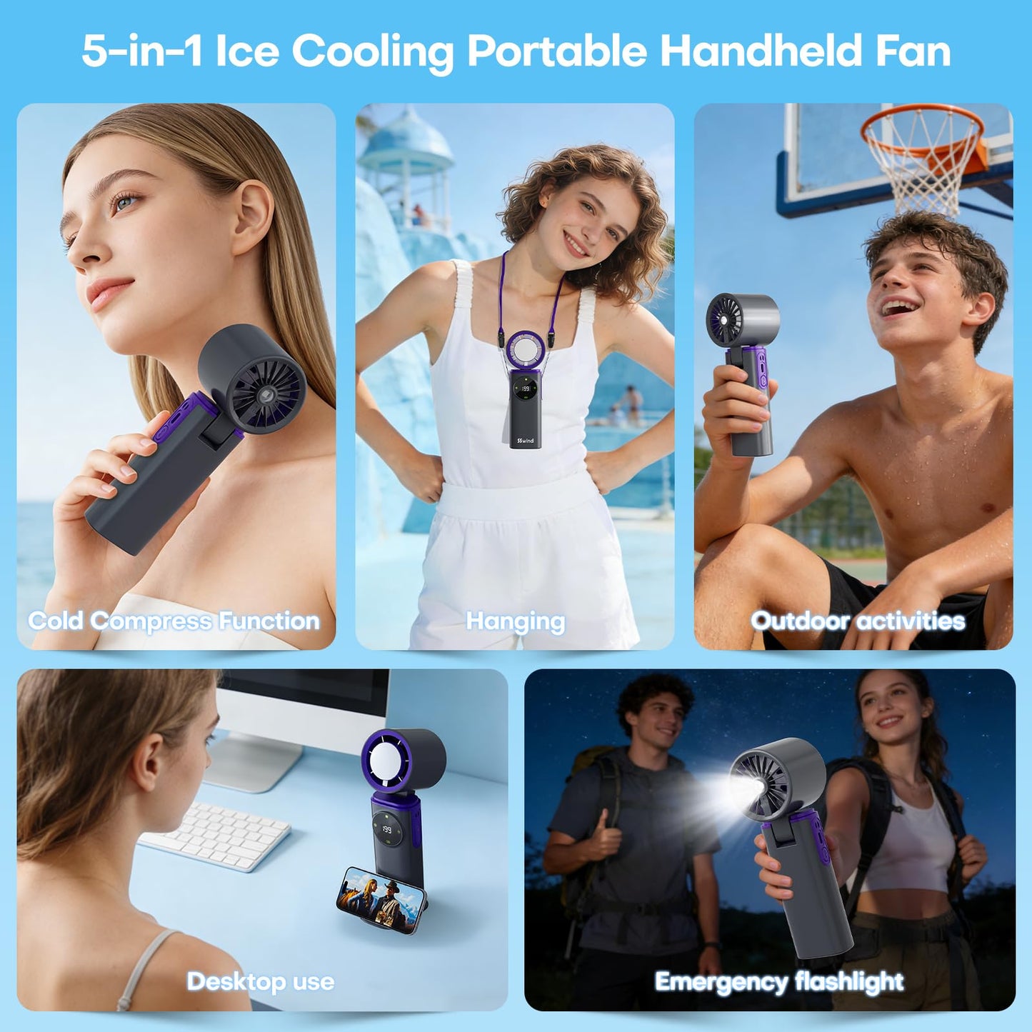 6000mAh Portable Handheld Fan with Ice Cooling, 199 Levels Stepless Speed, 20H Long Battery Life, 20000RPM Turbo Fan Rechargeable Personal Mini Fan for Travel, Outdoor, Makeup (White)