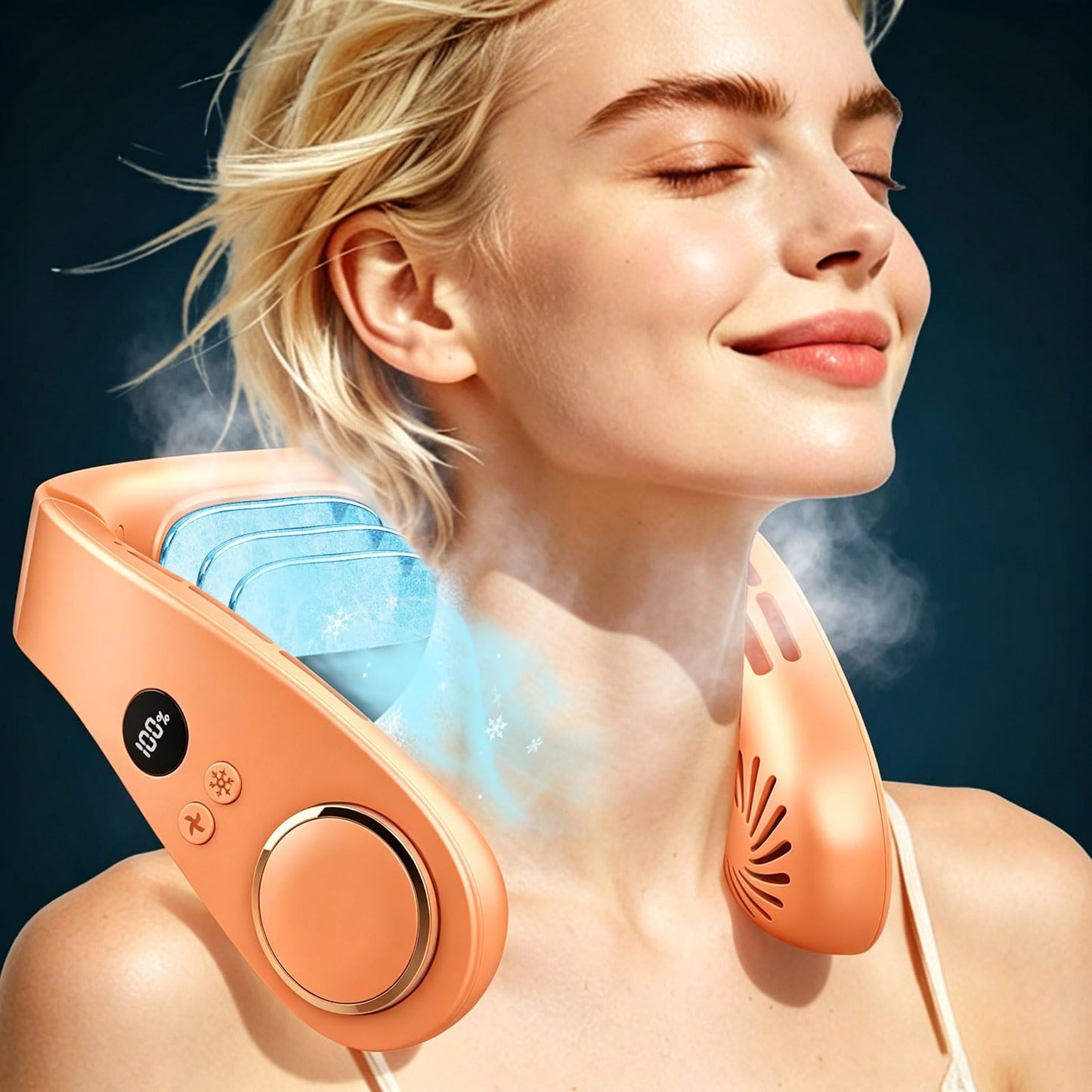 FWV Neck Fan with Cooling Plate, Quiet 30dB, 3-24Hrs Cooling,5500mAh Battery,LED Display Necklace AC Cooler, USB Bladeless Portable Personal Wearable Fans that Blow Cold Air for Men Women Kids Black