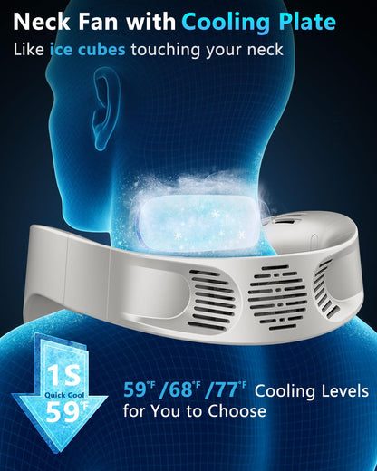 FWV Neck Fan with Cooling Plate, Quiet 30dB, 3-24Hrs Cooling,5500mAh Battery,LED Display Necklace AC Cooler, USB Bladeless Portable Personal Wearable Fans that Blow Cold Air for Men Women Kids Black