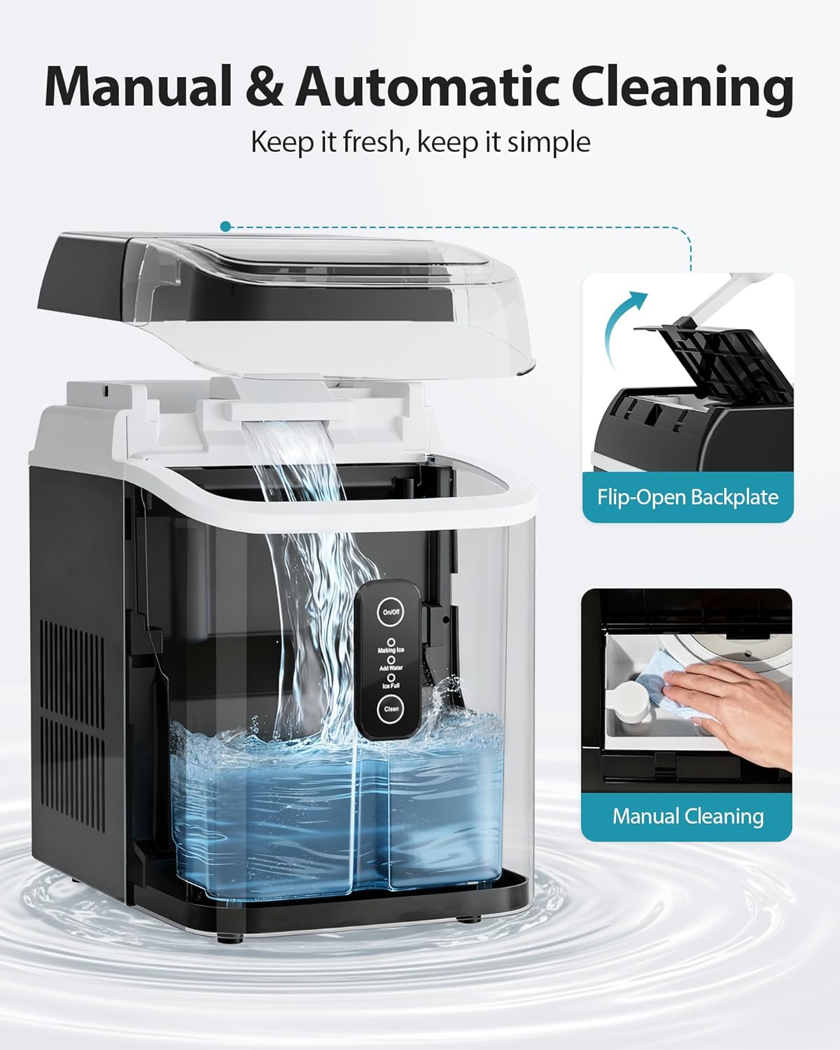 Aeitto Nugget Ice Maker Countertop, 42lbs/24H Ice Machine with 1.5L Water Tank, Rapid Ice Release in 6 Mins, Self-Cleaning Pebble Ice Maker with Basket and Scoop for Home Office RV and Party, Black
