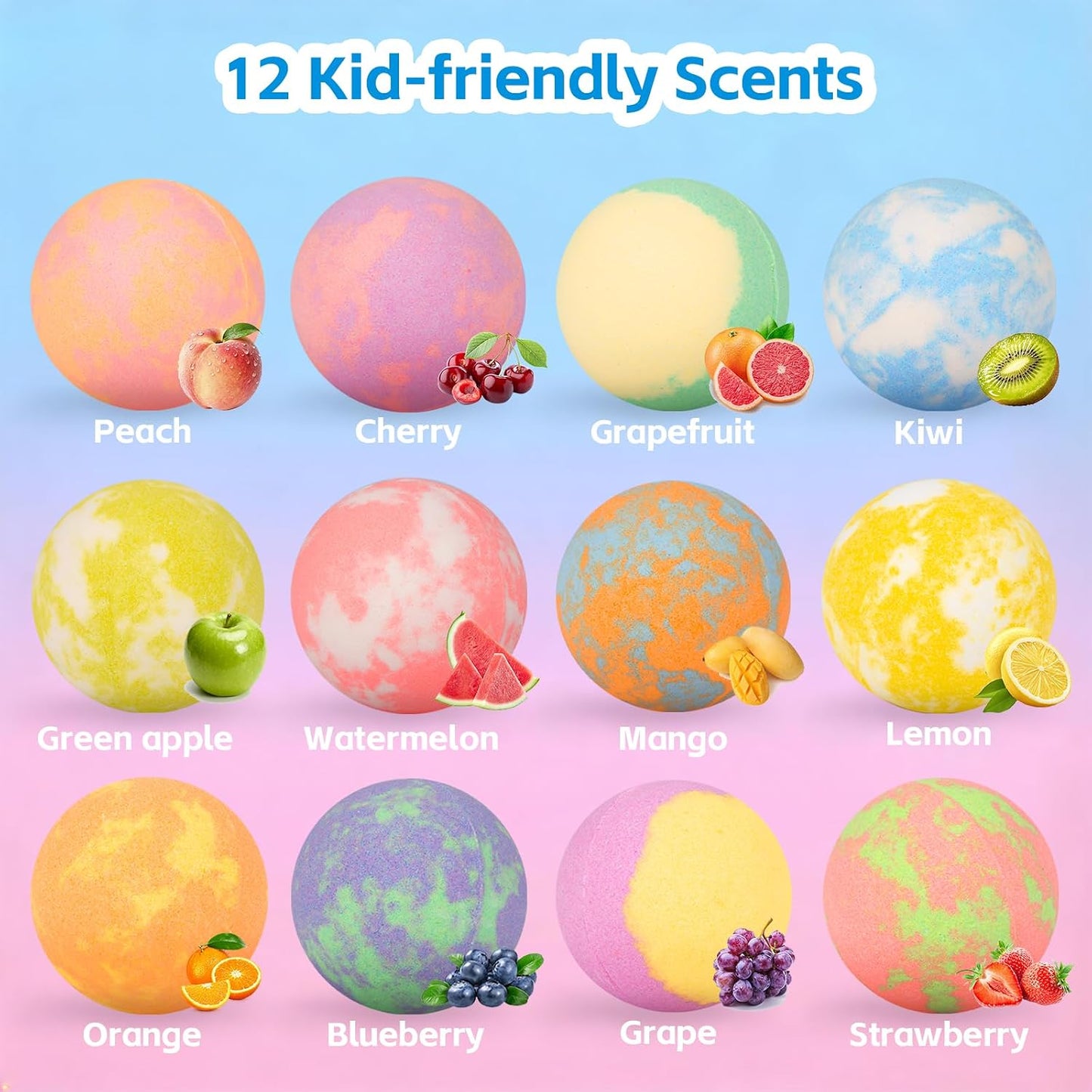 Bath Bombs for Kids with Toys Inside, 12 Pack Kids Bath Bombs with Fruit Food Toys, Surprise Colorful Bubble Spa Fizzies Ball with Bath Toys, Christmas Birthday Gifts for Girls & Boys