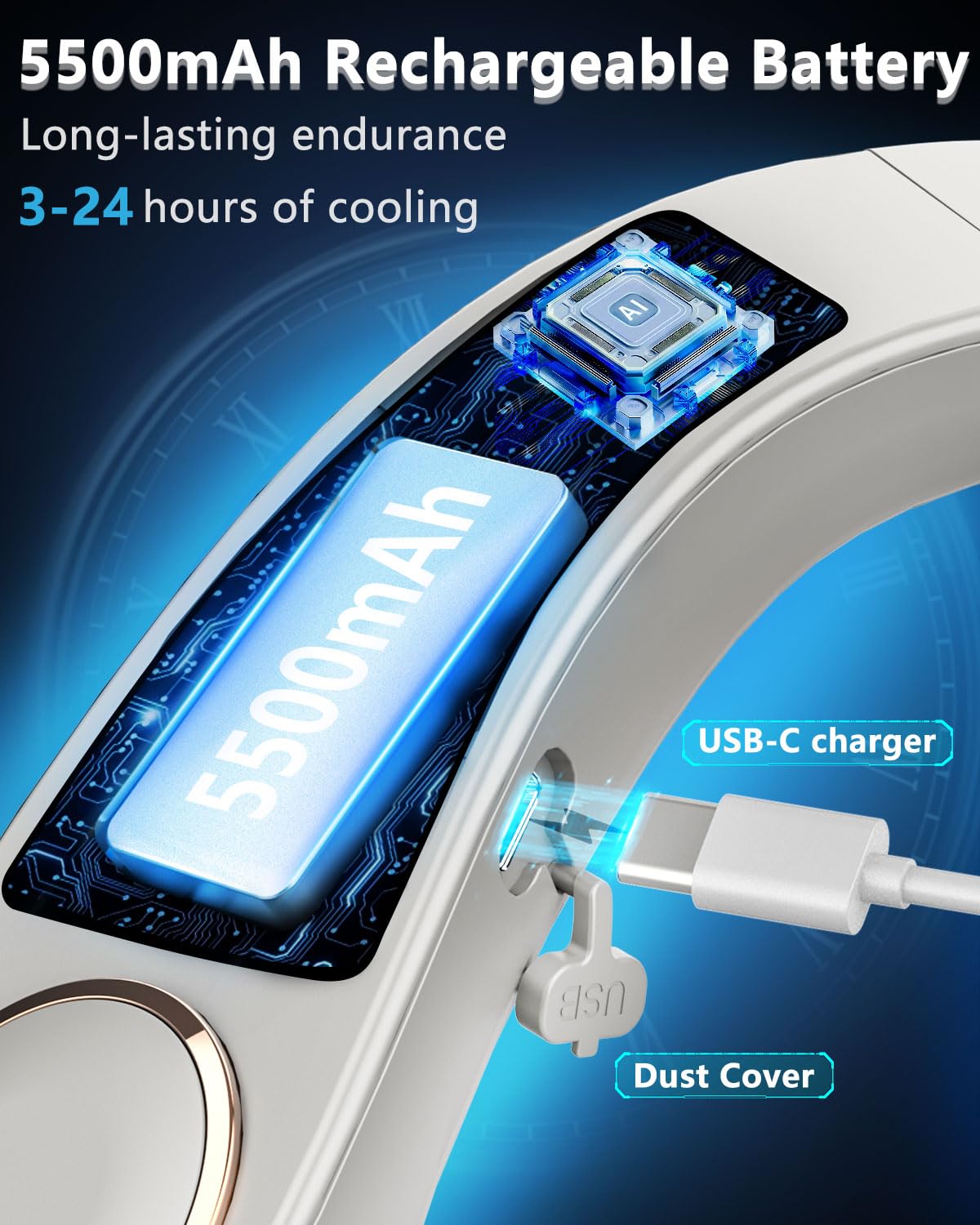 FWV Neck Fan with Cooling Plate, Quiet 30dB, 3-24Hrs Cooling,5500mAh Battery,LED Display Necklace AC Cooler, USB Bladeless Portable Personal Wearable Fans that Blow Cold Air for Men Women Kids Black