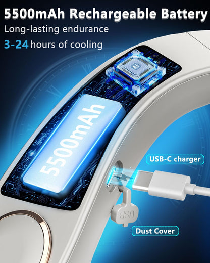 FWV Neck Fan with Cooling Plate, Quiet 30dB, 3-24Hrs Cooling,5500mAh Battery,LED Display Necklace AC Cooler, USB Bladeless Portable Personal Wearable Fans that Blow Cold Air for Men Women Kids Black