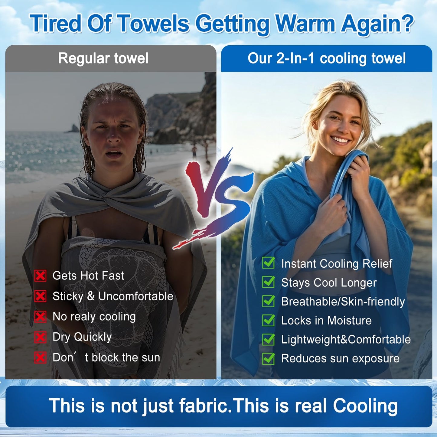 Upgrade Large Hoodie Cooling Towels - Double Layer Ice Beach Towel Wearable Shawl, Sun Proection Long-Lasting Heat Relief Cool for Yoga,Yard work Camping Beach & Summer Activities (Blue, 55*25inch)