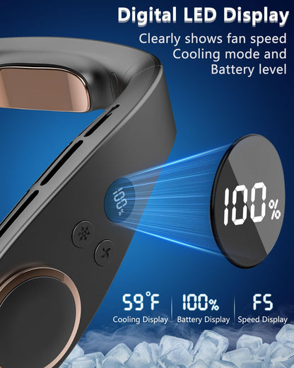 FWV Neck Fan with Cooling Plate, Quiet 30dB, 3-24Hrs Cooling,5500mAh Battery,LED Display Necklace AC Cooler, USB Bladeless Portable Personal Wearable Fans that Blow Cold Air for Men Women Kids Black