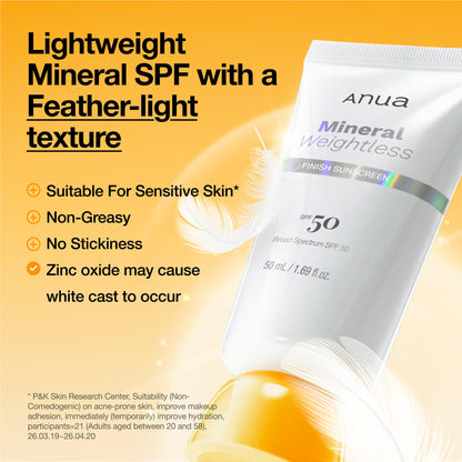 Anua Mineral Weightless Finish Sunscreen SPF 50, Broad Spectrum, Zinc-Based for Sensitive Skin, Lightweight Hydrating Lotion Texture, Under Makeup, Korean Skincare, 1.69 fl oz