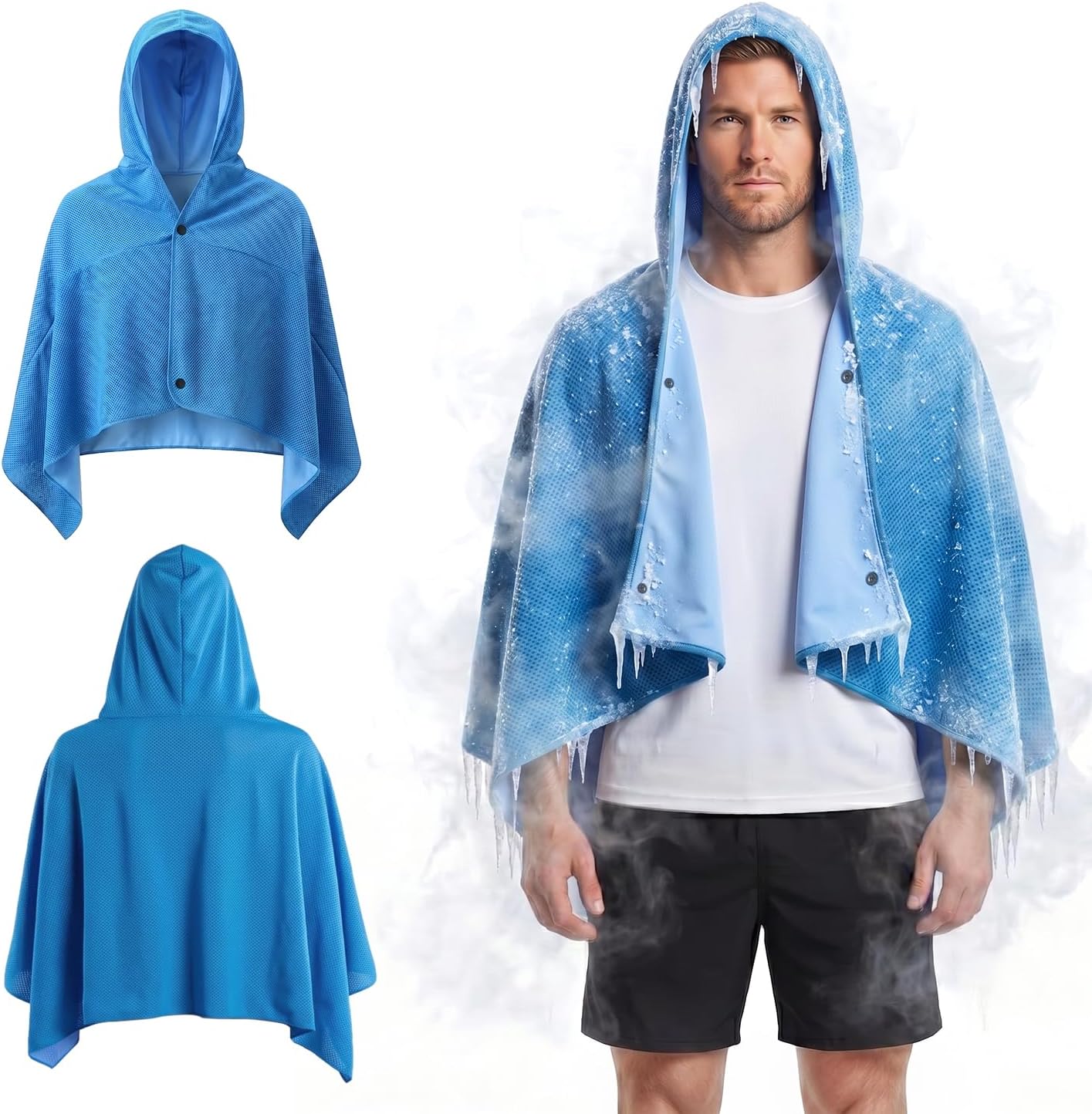 Cooling Hooded Beach Towel Cloak for Men Women -UPF 50+ Sun Proteciton Double Layer PVA Fabric Sweat-Absorbent Cool Towel Cape, Instant Cooling Soft Ice Towelfor Beach Yoga Camping (Blue)